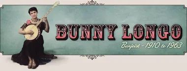 Bunny Longo playing banjo in a field of flowers